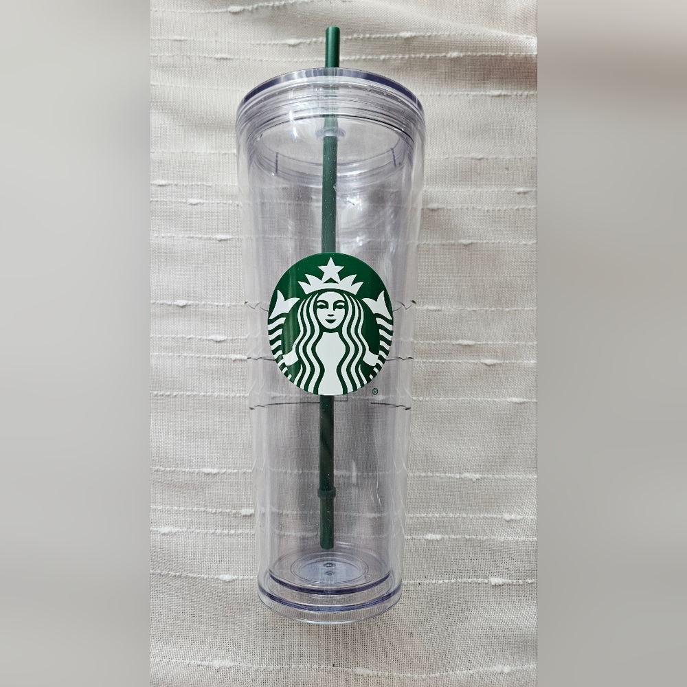 Starbucks Clear Tumbler with Green Logo and Straw + 2 Barista Pins - Picture 2 of 9